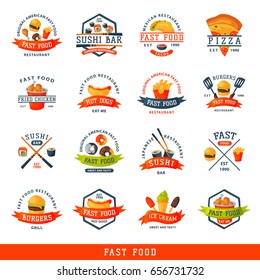 Colorful cartoon fast food label logo isolated restaurant tasty american cheeseburger badge meal vector illustration.