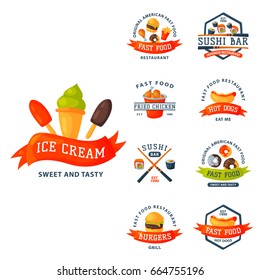 Colorful cartoon fast food label logo isolated restaurant tasty american cheeseburger badge mea meal vector illustration.