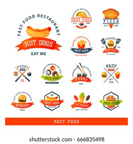 Colorful cartoon fast food label logo isolated restaurant tasty american cheeseburger badge mea meal vector illustration.