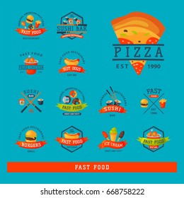 Colorful cartoon fast food label logo isolated restaurant tasty american cheeseburger badge mea meal vector illustration.