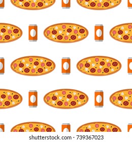 Colorful cartoon fast food seamless pattern background unhealthy lunch snack vector illustration. Cheeseburger meal drink dinner hotdog popcorn frenchfries.