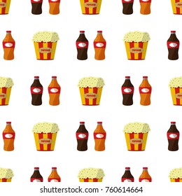 Colorful cartoon fast food seamless pattern background unhealthy lunch snack vector illustration. Cheeseburger meal drink dinner hotdog popcorn frenchfries.
