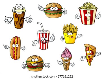 Colorful cartoon fast food and takeaways characters with hot dog, coffee, burger, popcorn, soda, French fries, cheeseburger, ice cream and pizza, vector illustration isolated on white