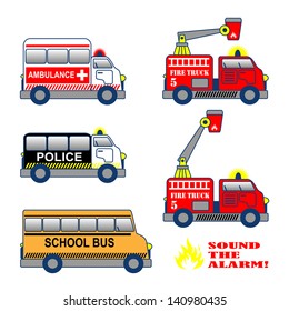 Colorful cartoon fire truck, ambulance, police car and school bus - separate pattern, vector illustration