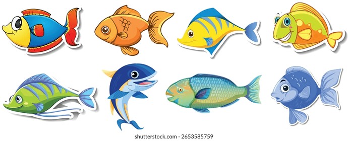 Colorful cartoon fish clipart set featuring tropical, ocean, and marine animals. Cute aquatic vector illustrations perfect for kids, sticker, underwater theme, sea life design, and educational content