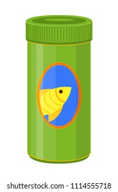 Colorful cartoon fish food jar. Pet care themed vector illustration for icon, sticker, patch, label, badge, certificate or gift card decoration