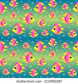 Colorful cartoon fish on bright  blue background seamless pattern. Vector illustration.