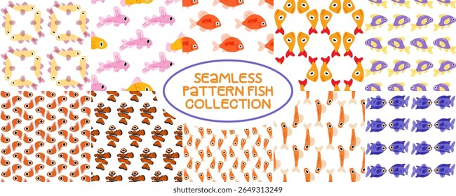 Colorful Cartoon Fish Pattern Set. Set of seamless patterns with colorful cartoon fish in bright marine theme. Flat fun style on white background.