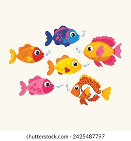 Colorful cartoon fish set on isolated background. Children's cartoon theme. For characters in children's books, cartoons, decor.