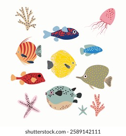 Colorful Cartoon Fish Set, Vector Marine Life, Ocean Animals Illustration. A vibrant vector set of cartoon fish, coral, and marine life, perfect for children’s illustrations, educational materials