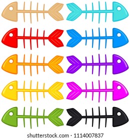 Colorful cartoon fish skeleton set. Simple toy for domestic animal. Pet care themed vector illustration for icon, sticker, patch, label, badge, certificate or gift card decoration