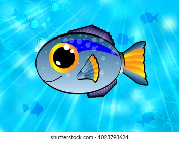 Colorful cartoon fish. Vector illustration of a cute little fish on a background of oceanic water.