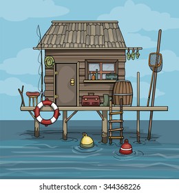 Colorful, cartoon fisherman's hut with various equipment, vector illustration