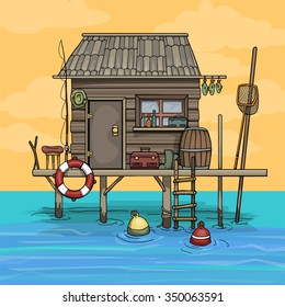 Colorful, cartoon fisherman's hut with various equipment, vector illustration