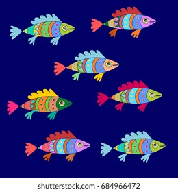 Colorful cartoon fishes pattern in vector.  Funny underwater animals.