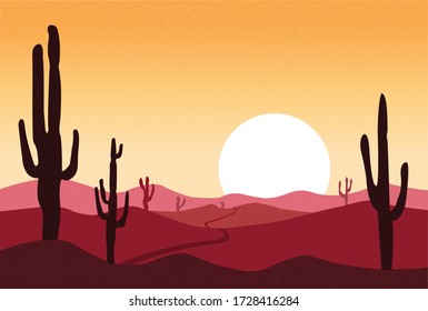 Colorful cartoon flat style desert landscape. Vector illustration. Sunset scene abstract background.