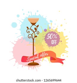 Colorful cartoon floor lamp sale concept for home appliance indoor furniture shop. Vector flat interior design element watercolor splash background. Clipart for web, advertising, banners, discounts.