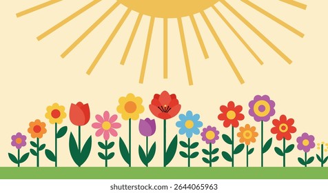 A colorful cartoon flower garden with various stylized flowers, green stems, and leaves under a radiant yellow sun with linear rays.