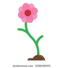 Colorful cartoon flower with green stem and pink petals on soil patch.