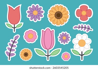 Colorful Cartoon Flower Sticker Set. Cute Floral Clipart