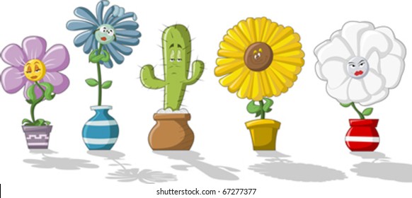 Colorful cartoon flowers in vases