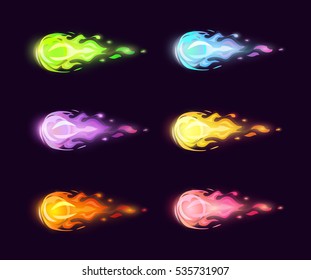 Colorful cartoon flying fireballs set. Vector icons.