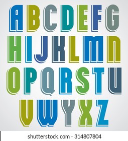 Colorful cartoon font, comic upper case letters with white outline. 