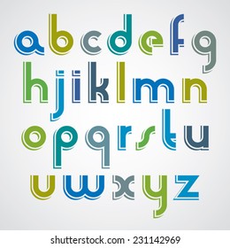 Colorful cartoon font, rounded lower case letters with white outline.