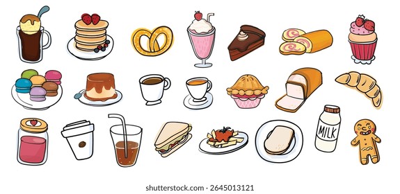 Colorful cartoon food icons: desserts, drinks, pastries. Includes pancakes, cake, pretzel, macarons, and more. Fun, vibrant food illustrations. Isolated vector element set.