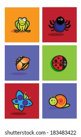 colorful cartoon frog, spider, bee, ladybird, butterfly and snail icons on colorful backgrounds