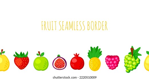 Colorful cartoon fruit icon set isolated on white background. Natural seamless border frame. Doodle simple vector summer juicy food. Juice package design element.