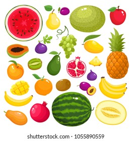 Colorful cartoon fruit icons isolated on white. Vector illustration of fresh organic fruit used for magazine, book, poster, card, menu cover, web pages.