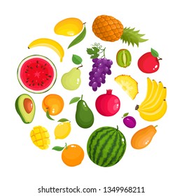 Colorful cartoon fruit icons in round isolated on white. Vector illustration of fresh organic fruit used for magazine, book, poster, card, menu cover, web pages.