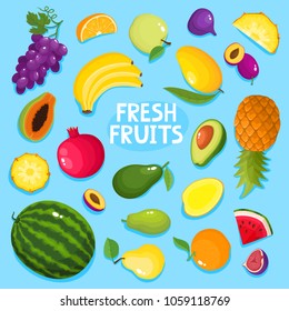 Colorful cartoon fruit poster isolated on blue. Vector illustration of fresh organic fruit banner with text used for magazine, book, poster, card, menu cover, web pages.