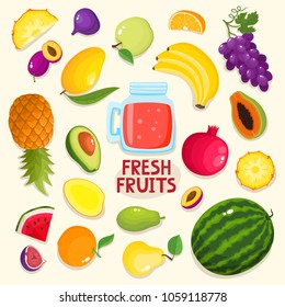 Colorful cartoon fruit poster isolated on beige. Vector illustration of fresh organic fruit banner with text and glass bank used for magazine, book, poster, card, menu cover, web pages.