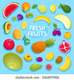 Colorful cartoon fruit poster isolated on blue. Vector illustration of fresh organic fruit banner with text used for magazine, book, poster, card, menu cover, web pages.