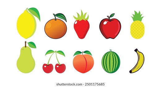 colorful cartoon fruit vector set. lemon, orange, strawberry, apple, pineapple, pear, cherries, peach, watermelon, and banana illustrations