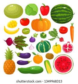Colorful cartoon fruit and vegetables icons isolated on white. Vector illustration of fresh organic fruit used for magazine, book, poster, card, menu cover, web pages.