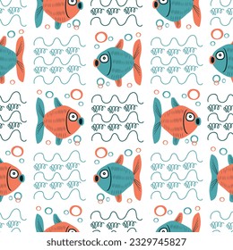 colorful cartoon funky decorative vector seamless pattern with fishes