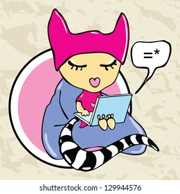 Colorful Cartoon funny character with laptops. Vector illustration.
