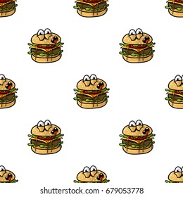 Colorful Cartoon Funny Hamburger pattern. Vector illustration. Background.
