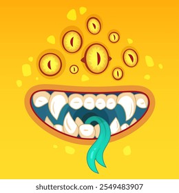 Colorful cartoon of a funny monster face with many eyes, big teeth, and a turquoise tongue, perfect for halloween or fantasy designs