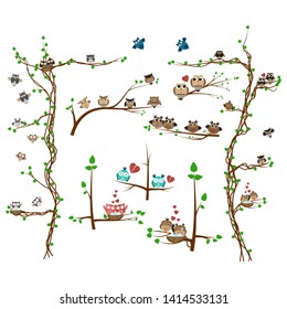 Colorful cartoon funny owls set on white background
