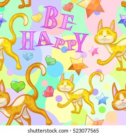 Colorful cartoon funny seamless background with happy cats