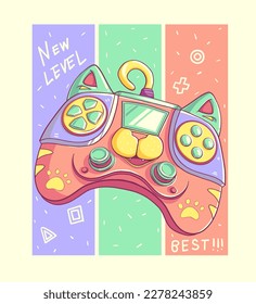 Colorful cartoon gaming poster with gamepad illustration in 70s style. Doodle game pad. Phrase new level, best. Gamer print. Girlish gaming art. Cat doodle character gamepad. Digital cyberpunk print