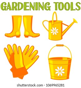 Colorful cartoon garden watering 4 elements set. Garden tool vector illustration gift card certificate sticker, badge, label, icon, poster, patch, banner invitation