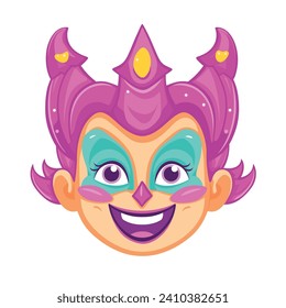 Colorful cartoon genie face with purple hair and a joyful expression. Female fantasy character smiling happily. Magical creatures and fun character design vector illustration.