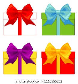 Colorful cartoon gift box set. Present for christmas or birthday. Holiday themed vector illustration for icon, sticker, patch, label, sign, badge, certificate or gift card decoration