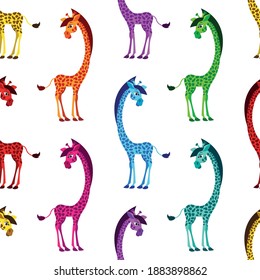 Colorful cartoon giraffe girl seamless pattern. Vector illustration.