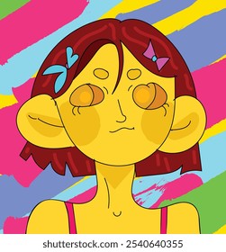 Colorful Cartoon Girl with Big Eyes and Bow Vibrant and Expressive Digital Illustration